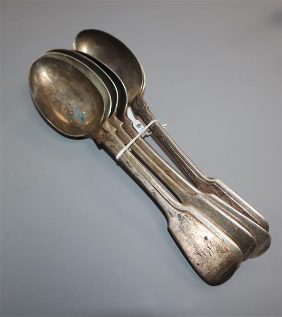 A set of six late Victorian silver fiddle pattern table spoons, John Round & Son, Sheffield, 1898, 14oz.